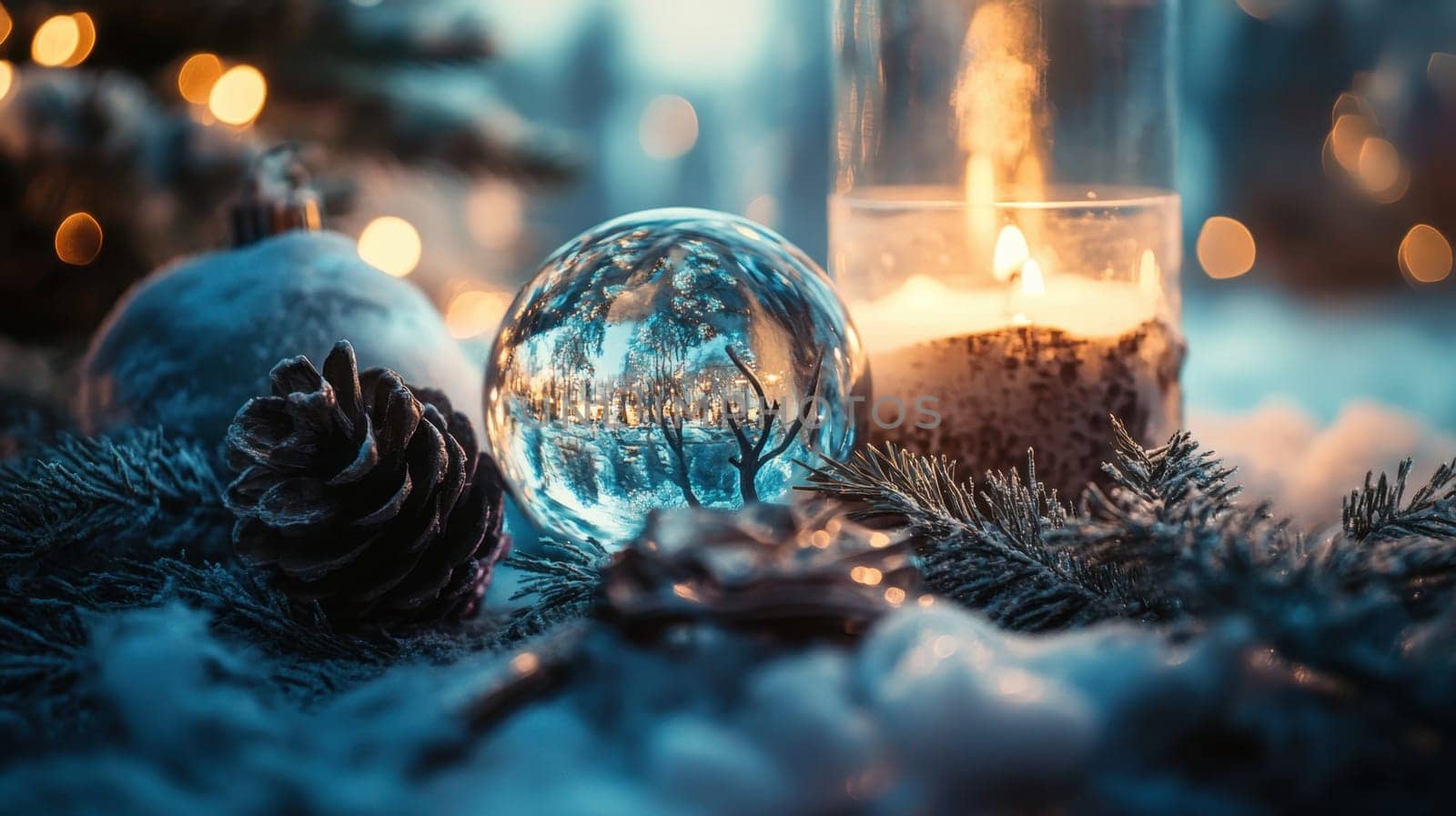 A beautifully arranged winter scene showcases a glowing candle and a glass ornament amidst pinecones and snow creating a festive atmosphere.