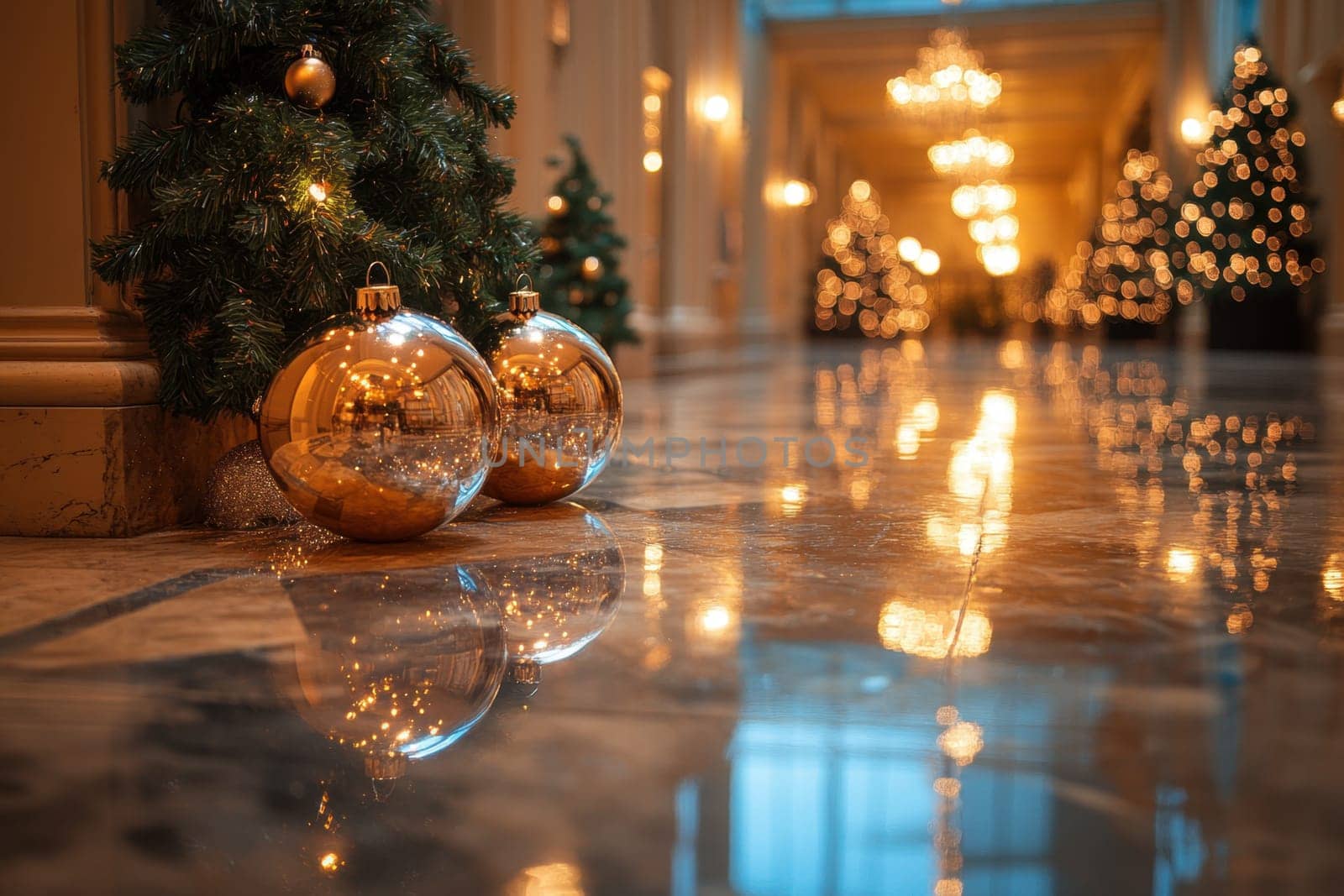 Beautifully decorated with Christmas trees and ornaments the hallway glimmers with soft lights and reflections on the shiny floor.