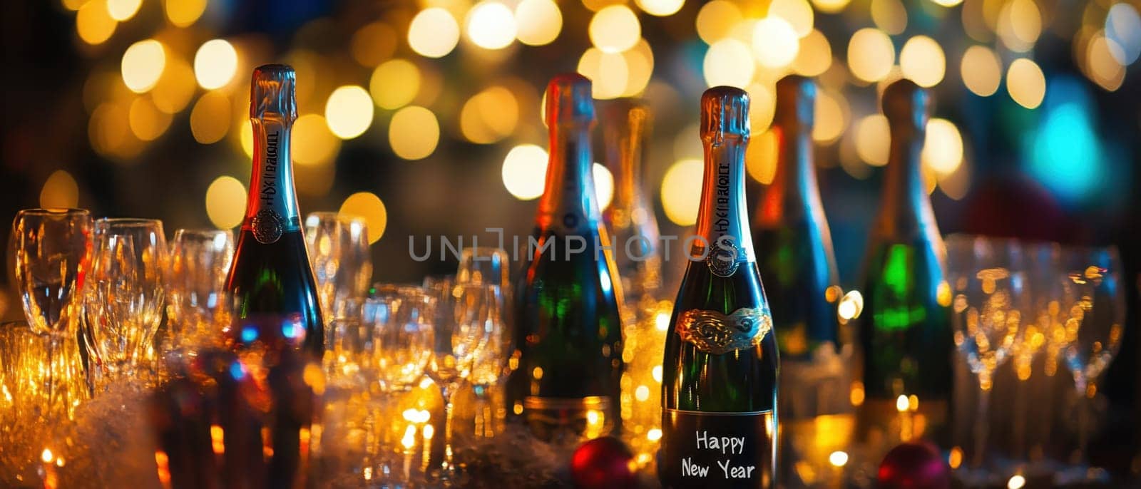 Bottles of champagne are elegantly arranged on a festive table adorned with twinkling lights ready for New Year celebrations.