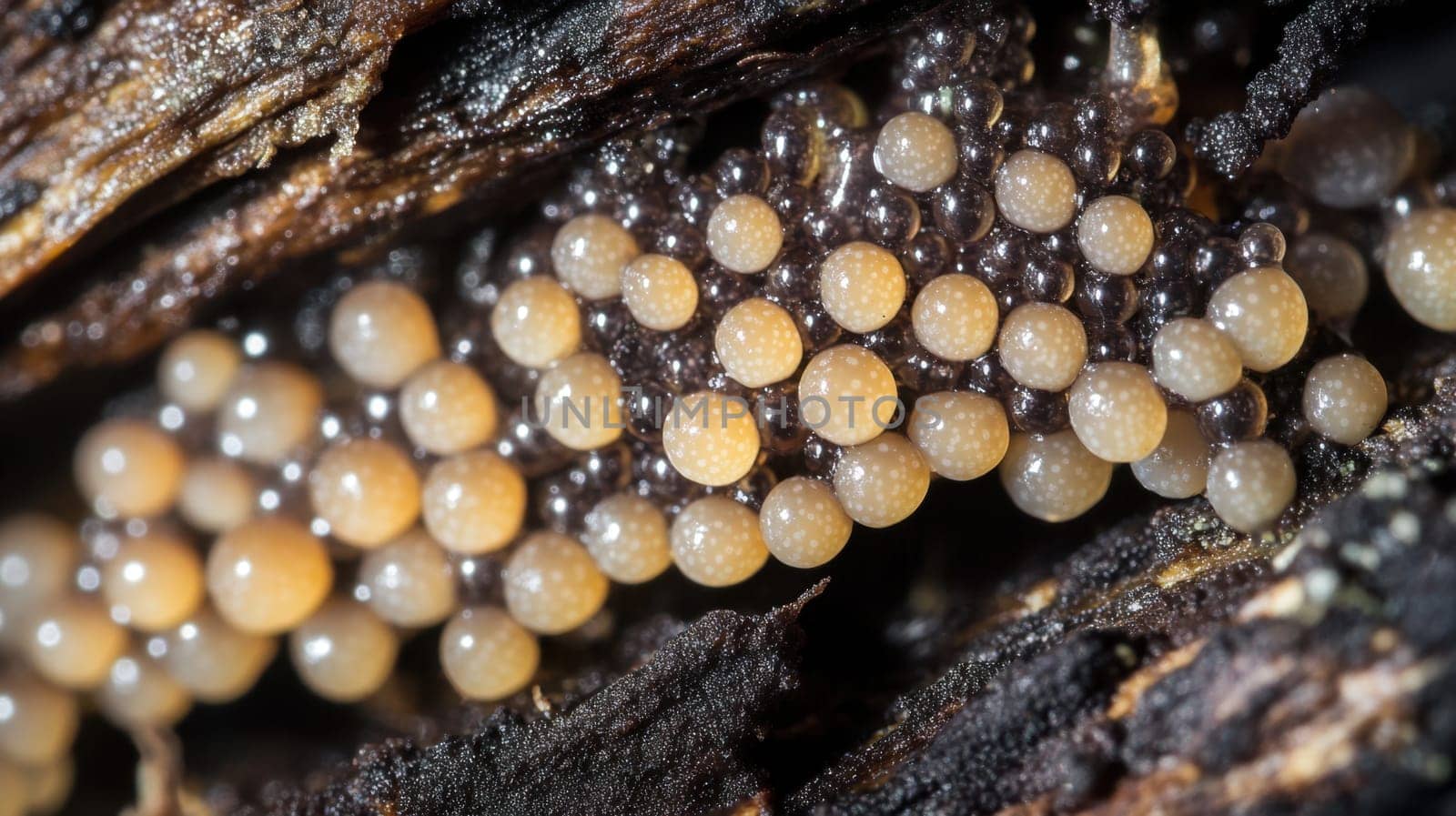 Frog eggs rest in clusters on moist wood showcasing their translucent shells under soft light in a forest environment.