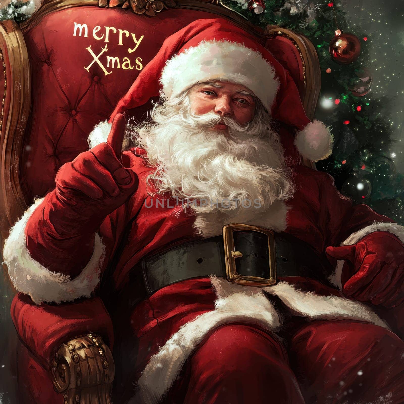 A jolly Santa Claus in a red suit entertains children in a cozy holiday atmosphere filled with decorations and a Christmas tree.