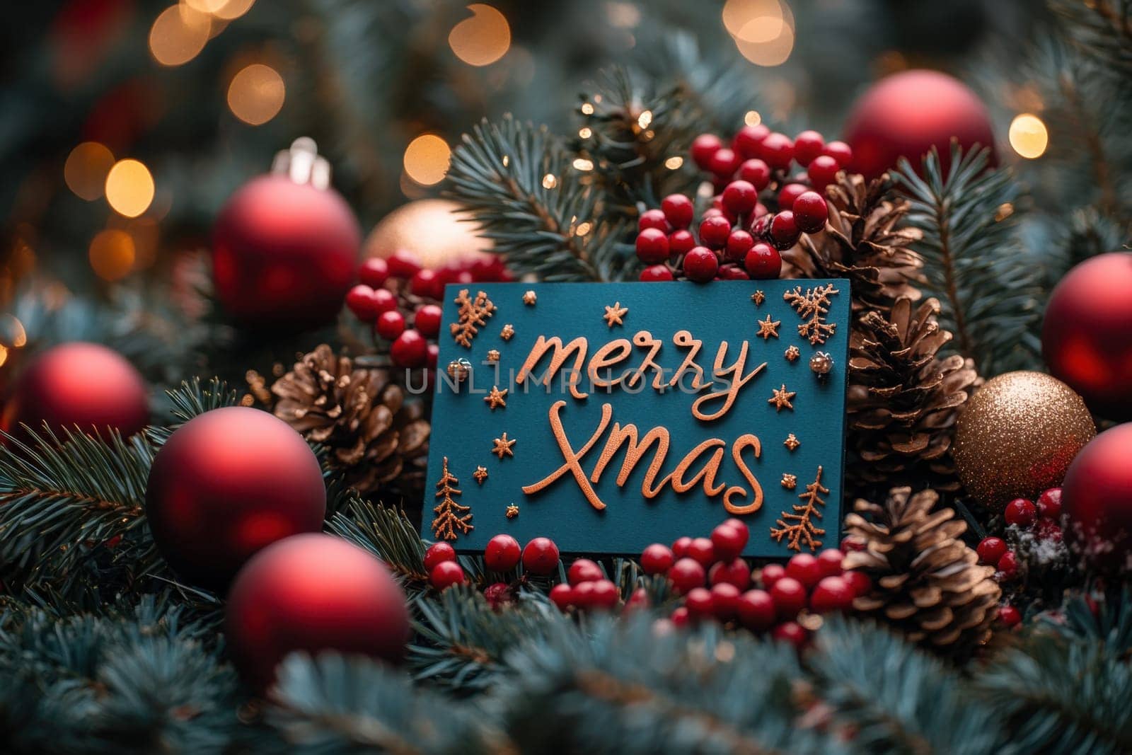 Ornamented evergreen branches surround a cheerful Merry Xmas sign adorned with red berries and gold decorations evoking holiday spirit.