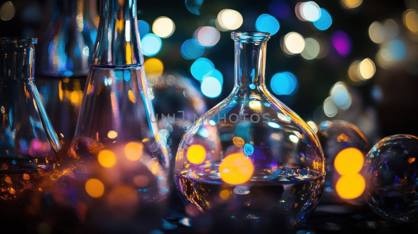 Various glass flasks contain liquid and shine amidst warm sparkling lights creating a vibrant atmosphere during an evening gathering.