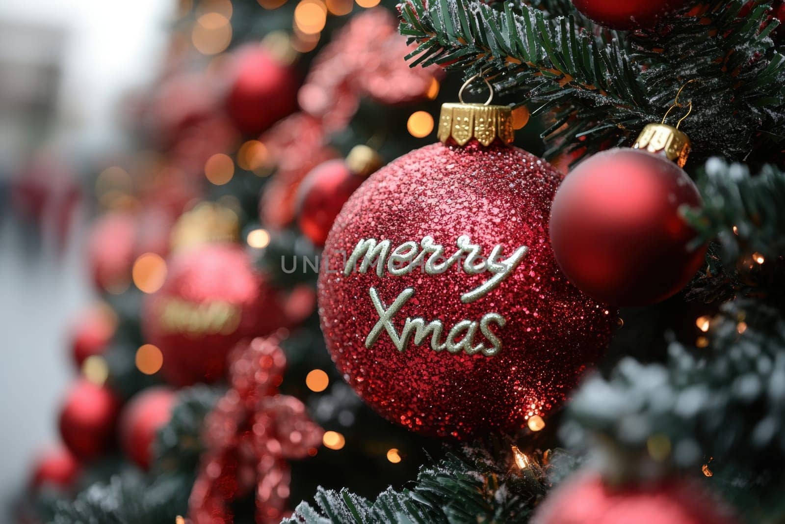 Shimmering red ornaments hang on a decorated Christmas tree creating a cheerful holiday atmosphere in the winter season.