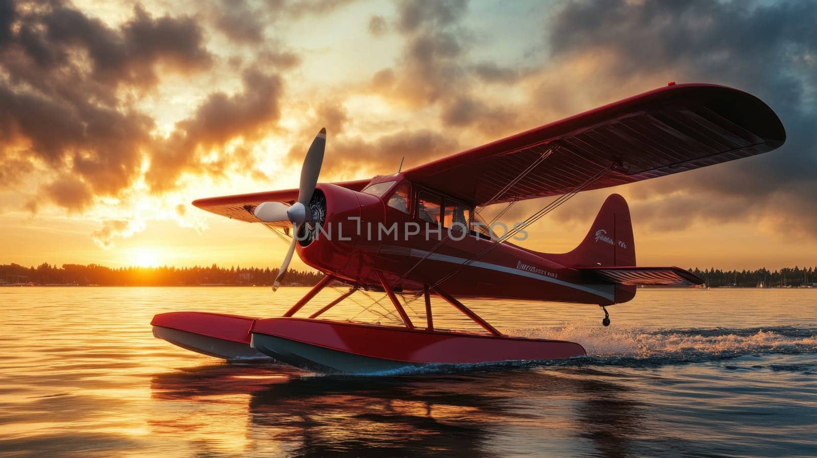 A vibrant red seaplane lifts off the smooth water as the sun sets casting warm colors across the sky and reflecting on the surface.