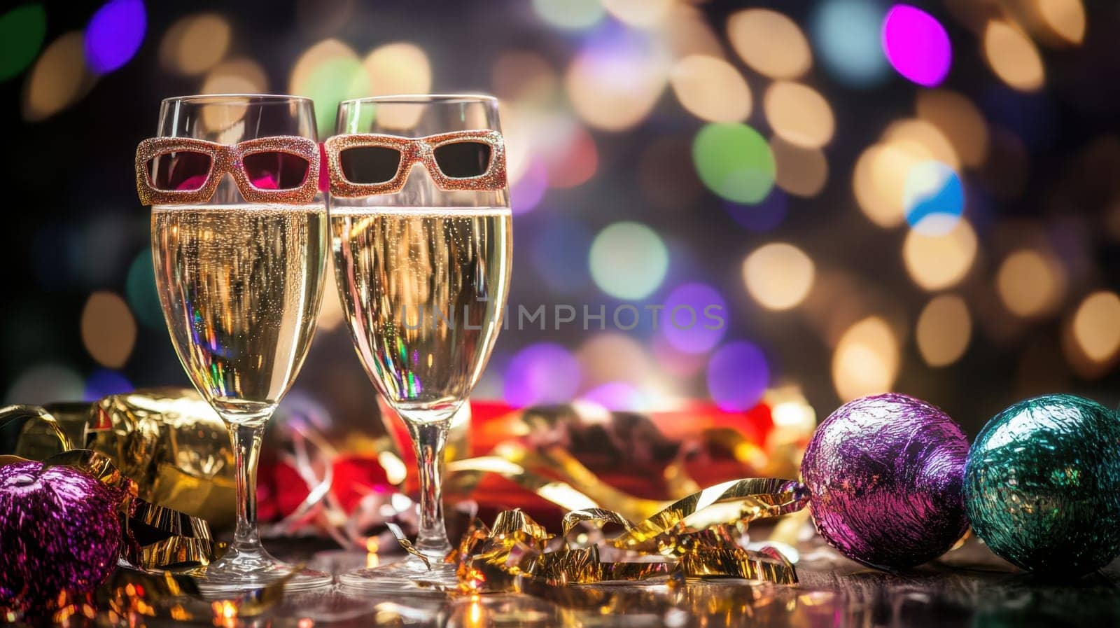 Two sparkling wine glasses adorned with party sunglasses are placed on a table surrounded by colorful decorations and shimmering lights.