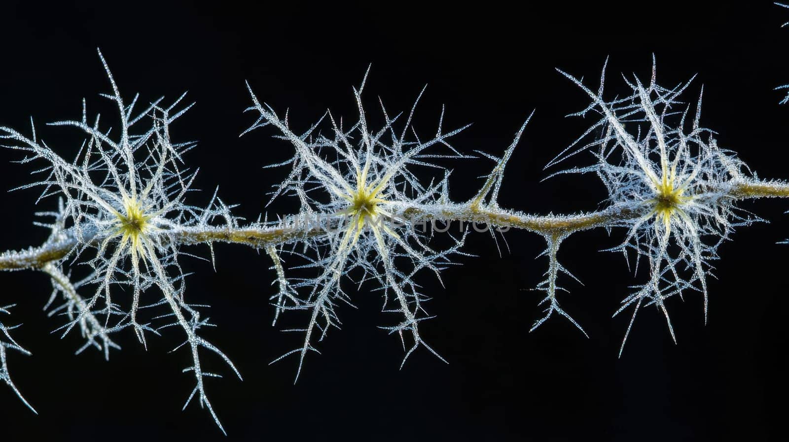 Frost crystals develop intricately on a thin branch showcasing natures beauty during the cold winter months.