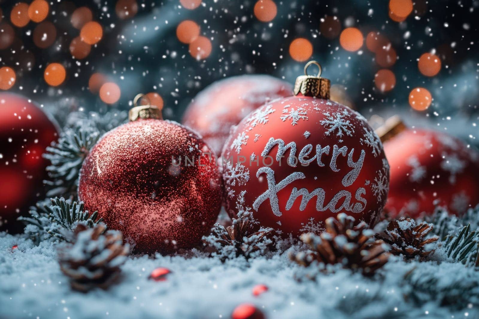 Bright red Christmas ornaments resting on a snowy surface with pine cones creating a festive atmosphere during the holiday season.