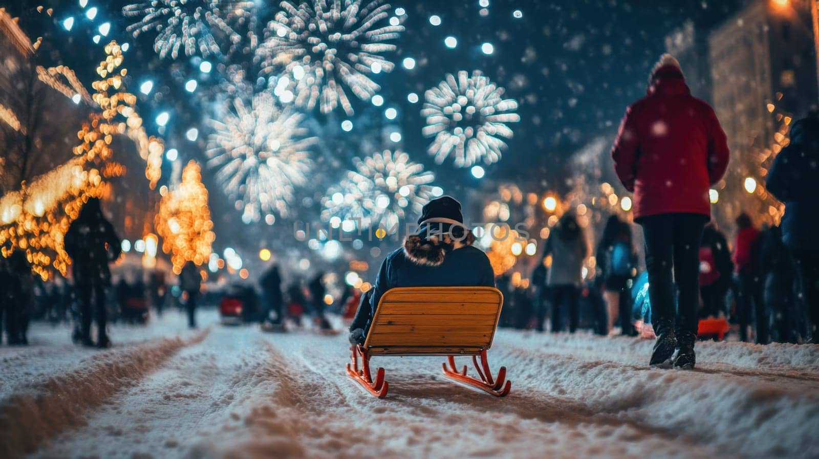 A person sits on a sled in the snow watching fireworks explode above a festive winter street filled with lights and joyful people.