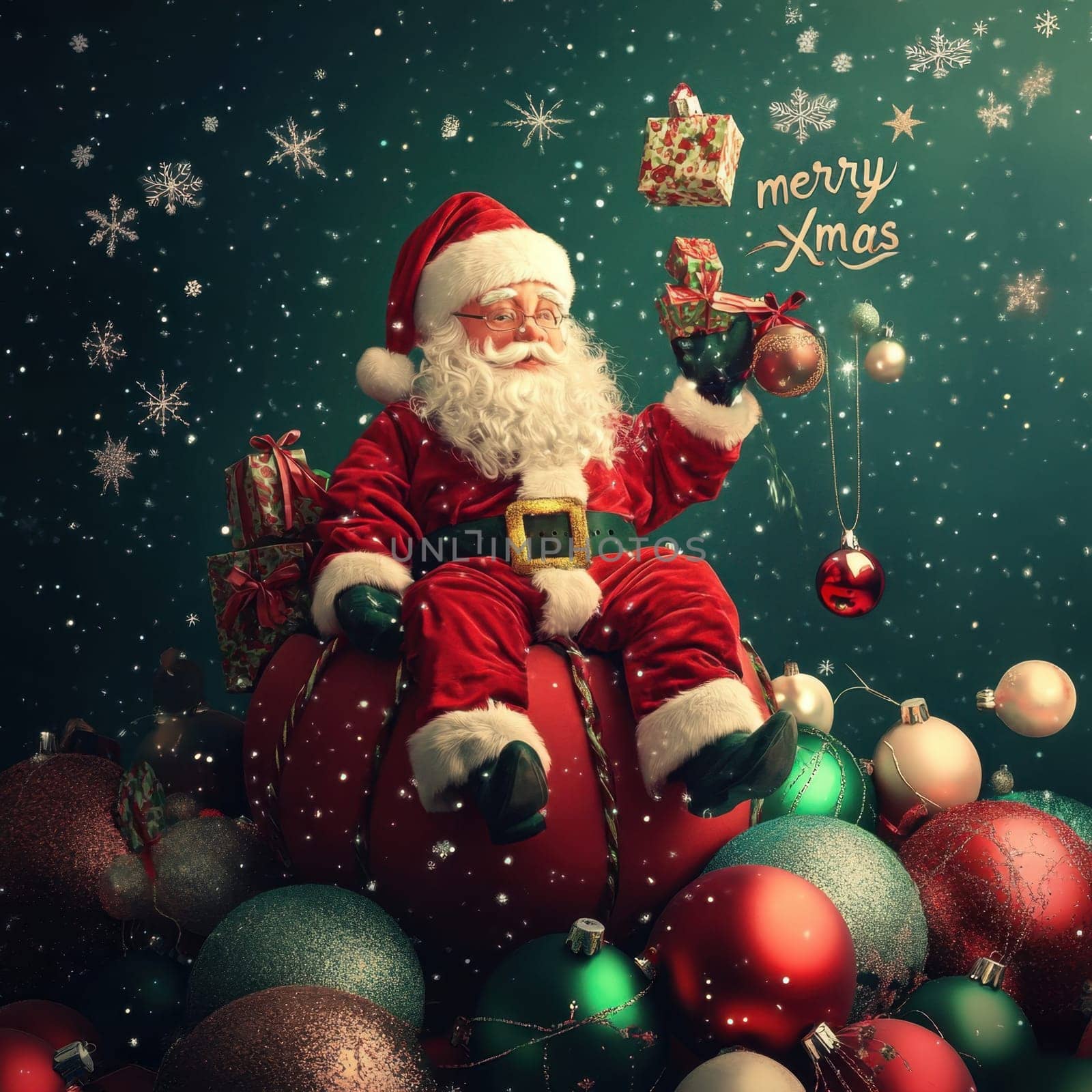 Santa Claus joyfully holds gifts while sitting surrounded by festive ornaments and decorations during the holiday season.