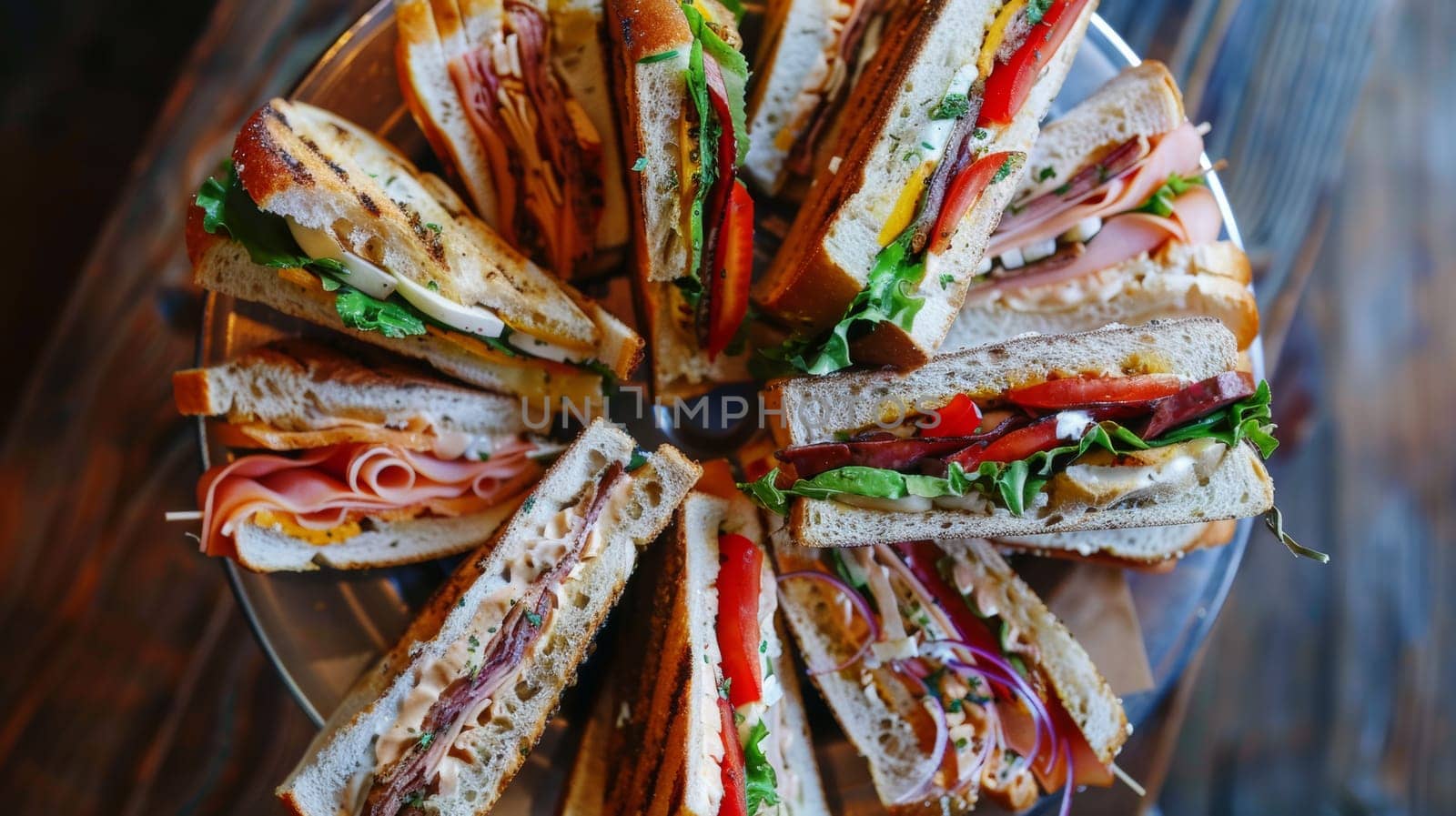 Overhead view of a spinning plate of gourmet sandwiches