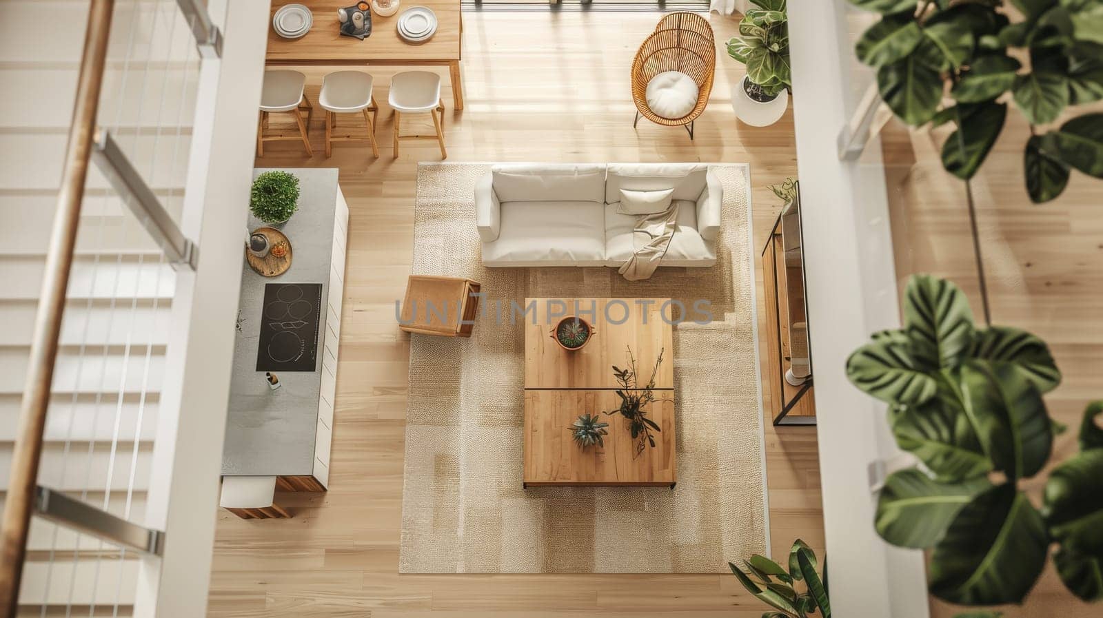 Overhead perspective highlighting the cohesive arrangement of interior design
