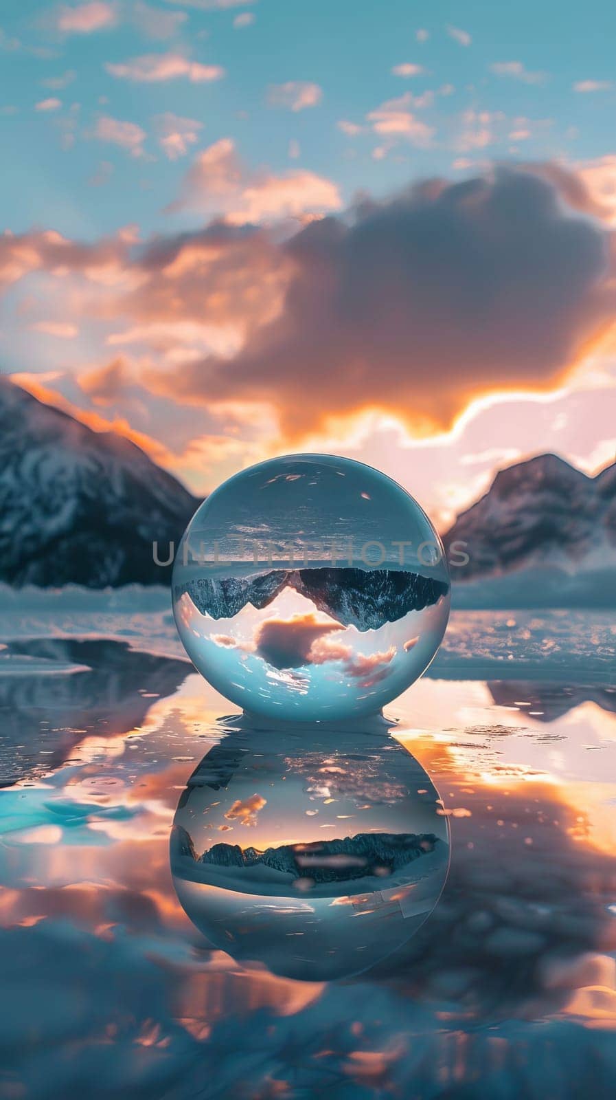 A large glass ball is floating on the surface of a lake. The sky is filled with clouds and the sun is setting, creating a beautiful and serene atmosphere