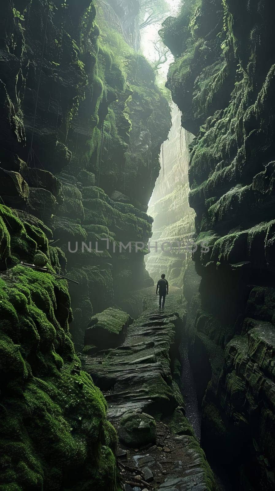 A man is walking through a dark, mossy cave. The cave is filled with green moss and rocks, and the man is the only person in the scene. Scene is mysterious and eerie
