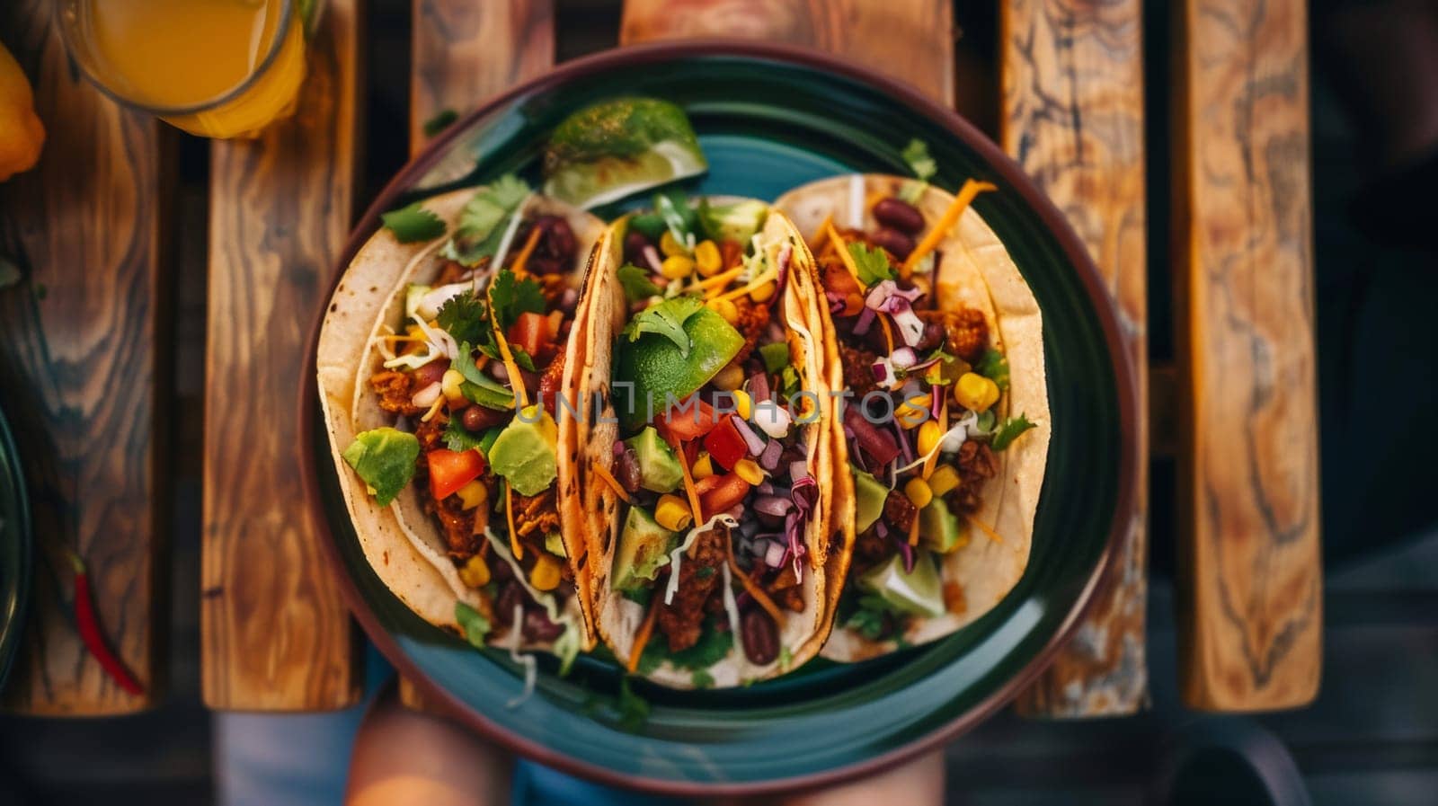 Rotating plate of Mexican tacos from a bird's-eye view