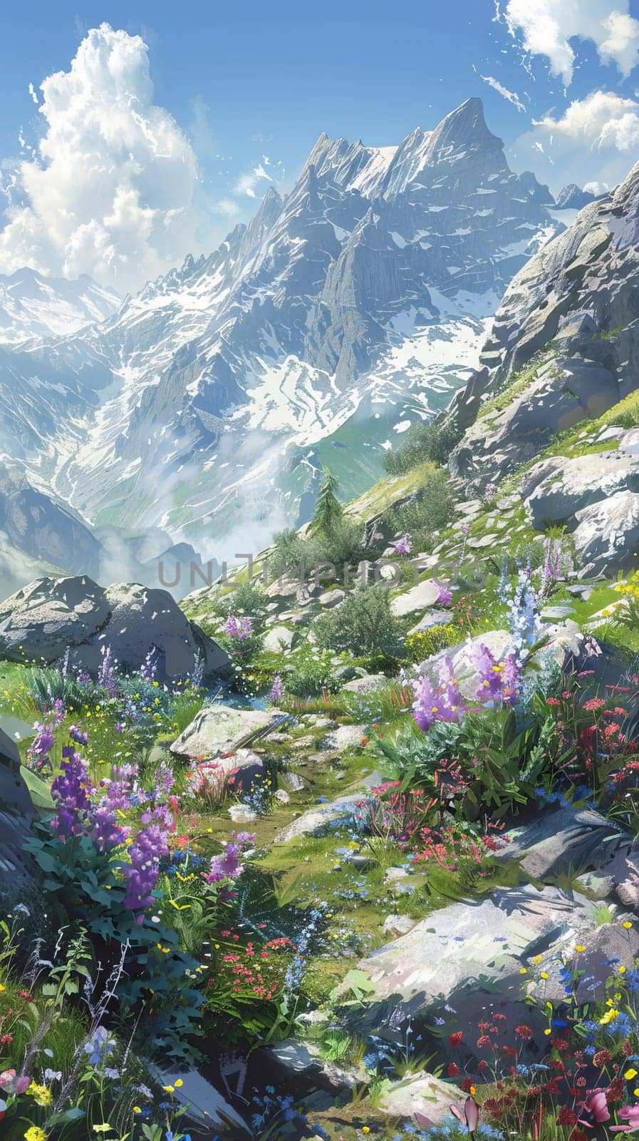 Rocky slopes dotted with alpine flora