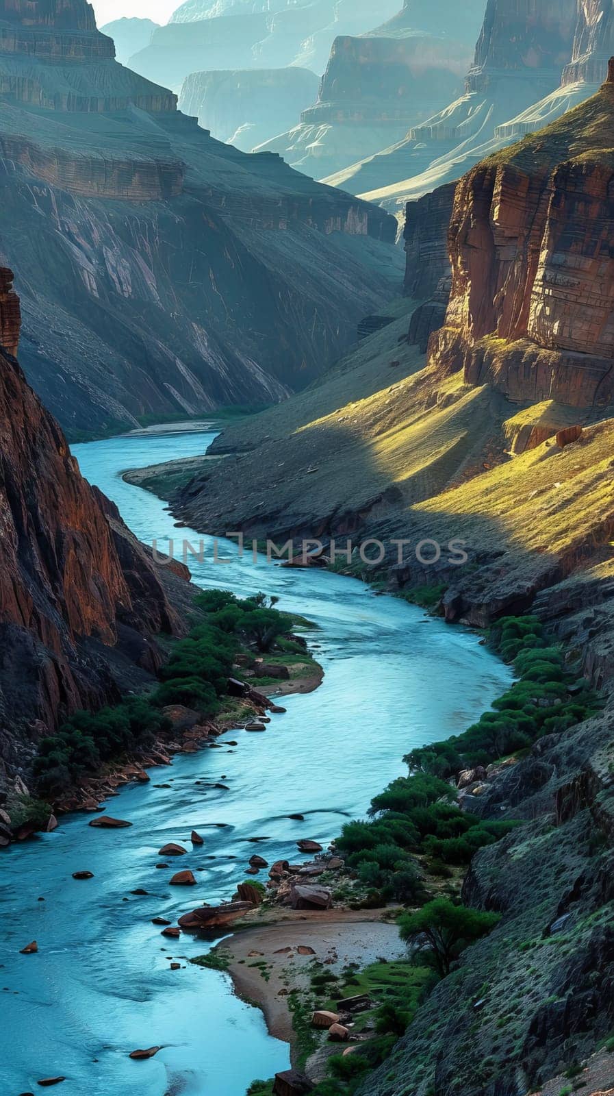 Tranquil mountain rivers winding through rocky canyons
