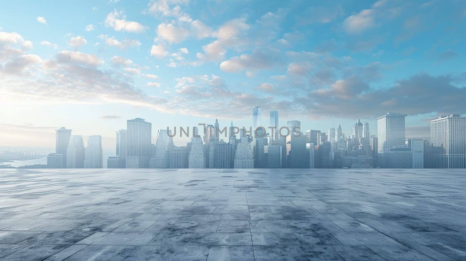 A city skyline with a large empty space in the middle. The sky is blue and there are clouds