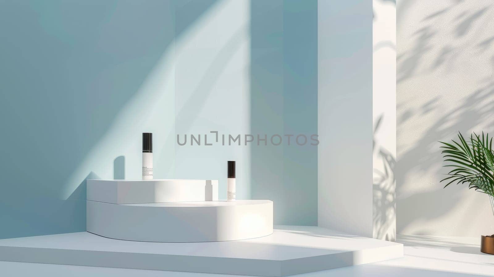 Two bottles of lotion are displayed on a white pedestal in a room with a blue wall