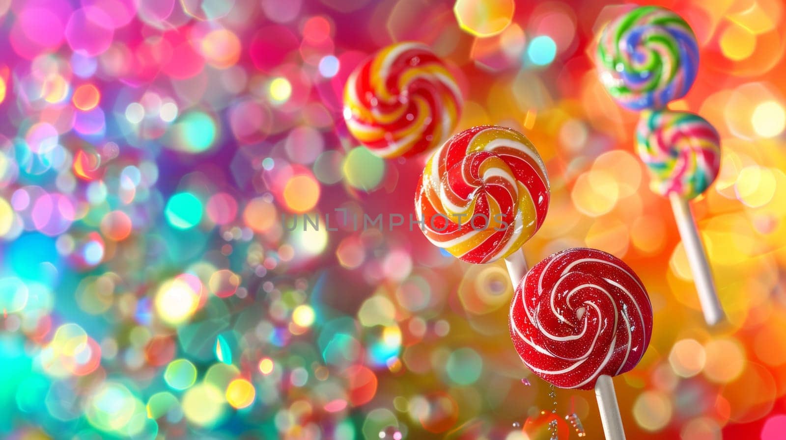Spinning candies against an abstract background of vibrant hues