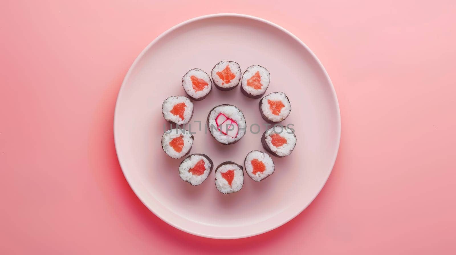 Spinning plate of sushi rolls in a top-down perspective