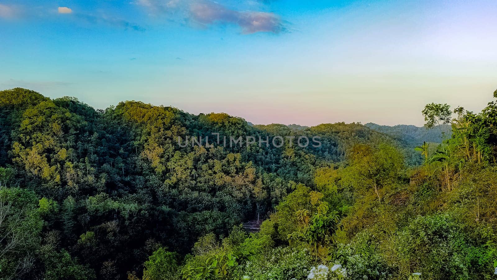 A tranquil mountain valley with lush greenery and a beautiful sunrise. The early morning light casts soft pastel colors over the landscape, creating a serene and peaceful ambiance.