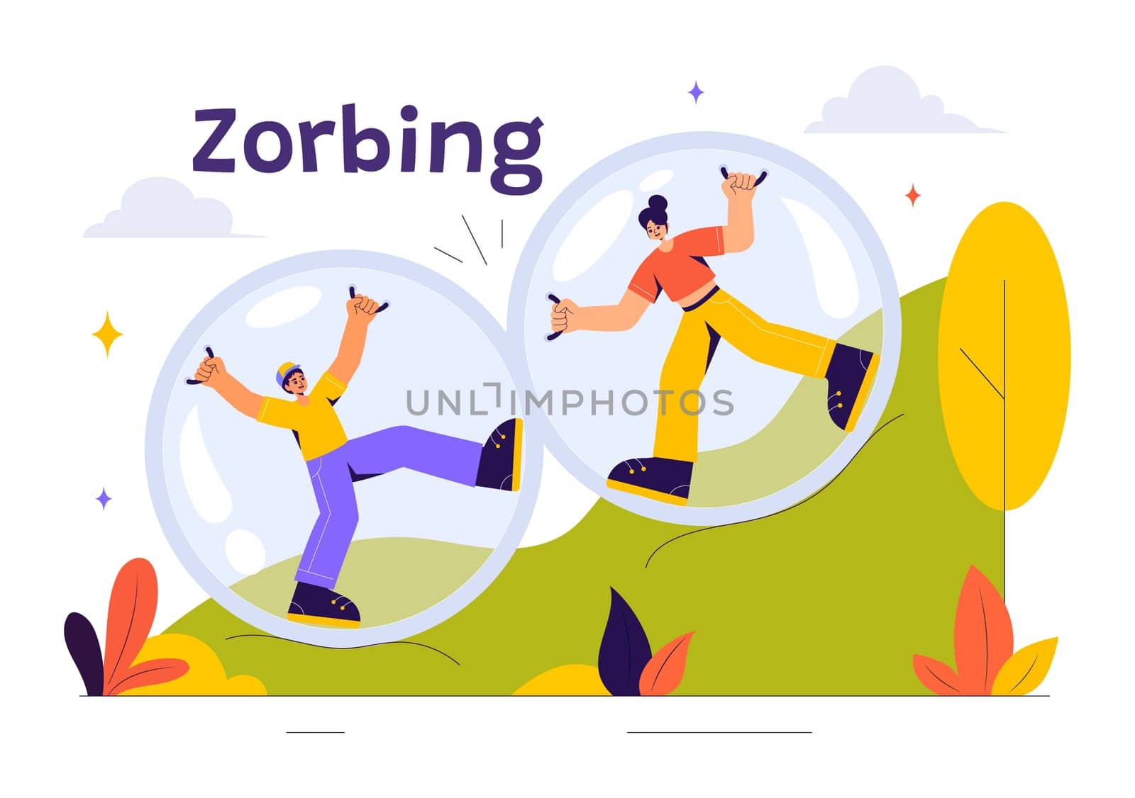 Zorbing Vector Illustration featuring People Enjoying Bubble Bump Games on a Green Field in a Fun and Playful Flat Cartoon Style background