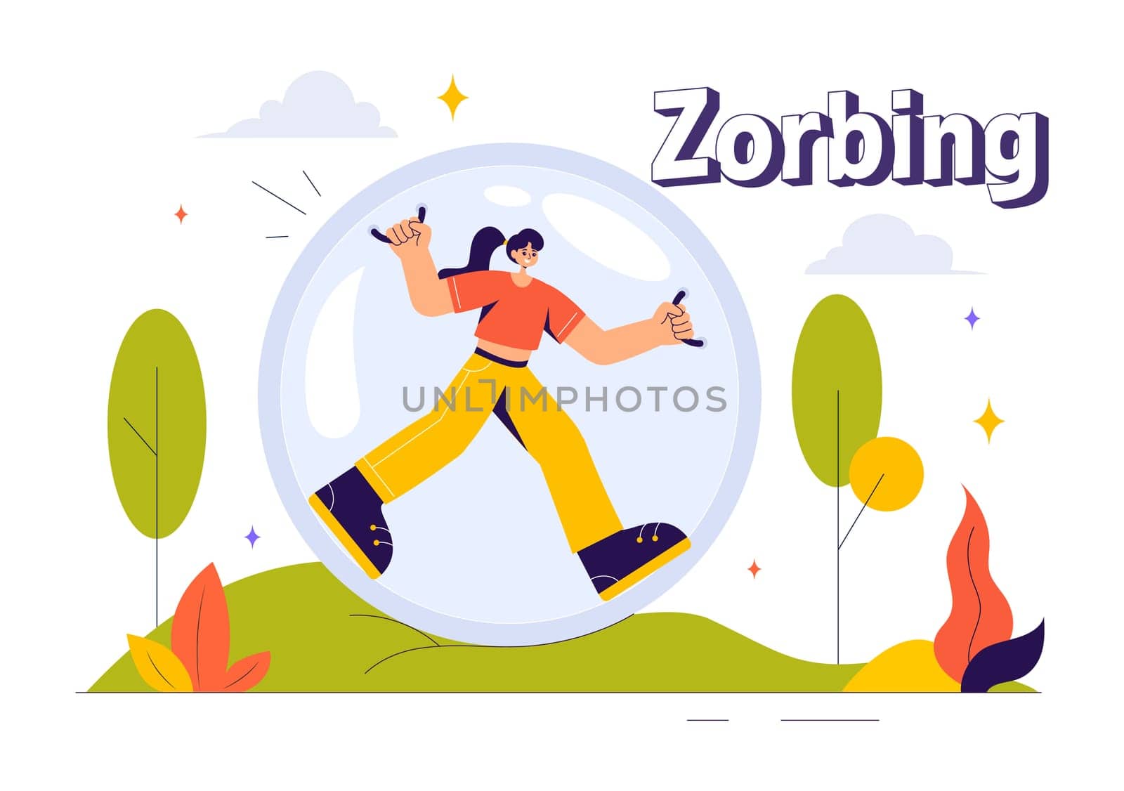 Zorbing Vector Illustration featuring People Enjoying Bubble Bump Games on a Green Field in a Fun and Playful Flat Cartoon Style background