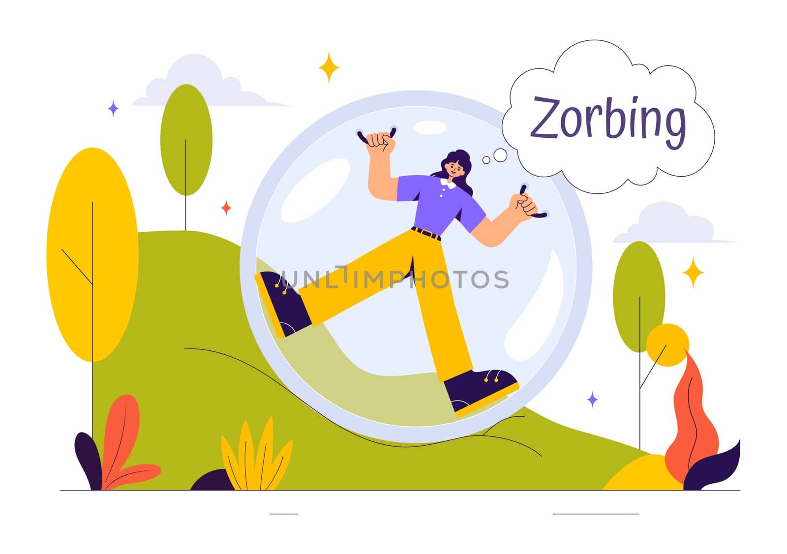 Zorbing Vector Illustration featuring People Enjoying Bubble Bump Games on a Green Field in a Fun and Playful Flat Cartoon Style background