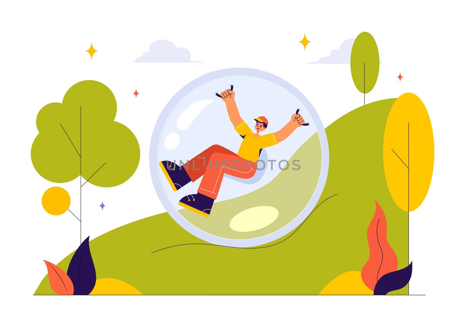 Zorbing Vector Illustration featuring People Enjoying Bubble Bump Games on a Green Field in a Fun and Playful Flat Cartoon Style background