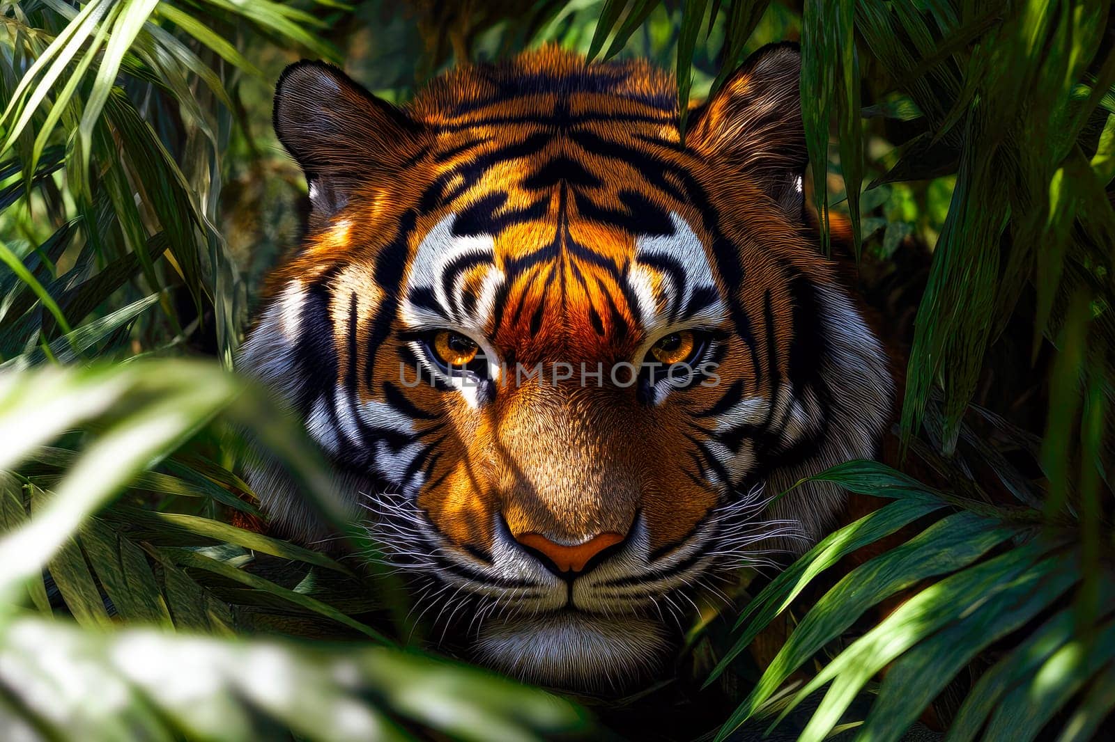A tiger hidden in the shadow of a bush staring at its prey. AI generated