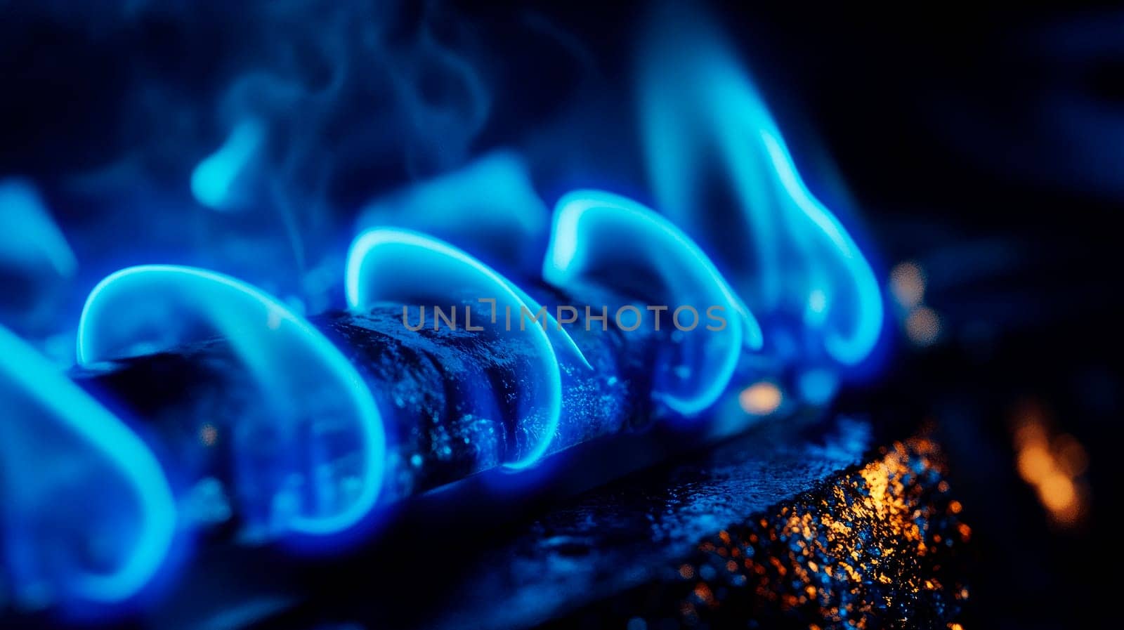 Close-up of a natural gas flame on a stove top. Global gas crisis and price rise. AI generated