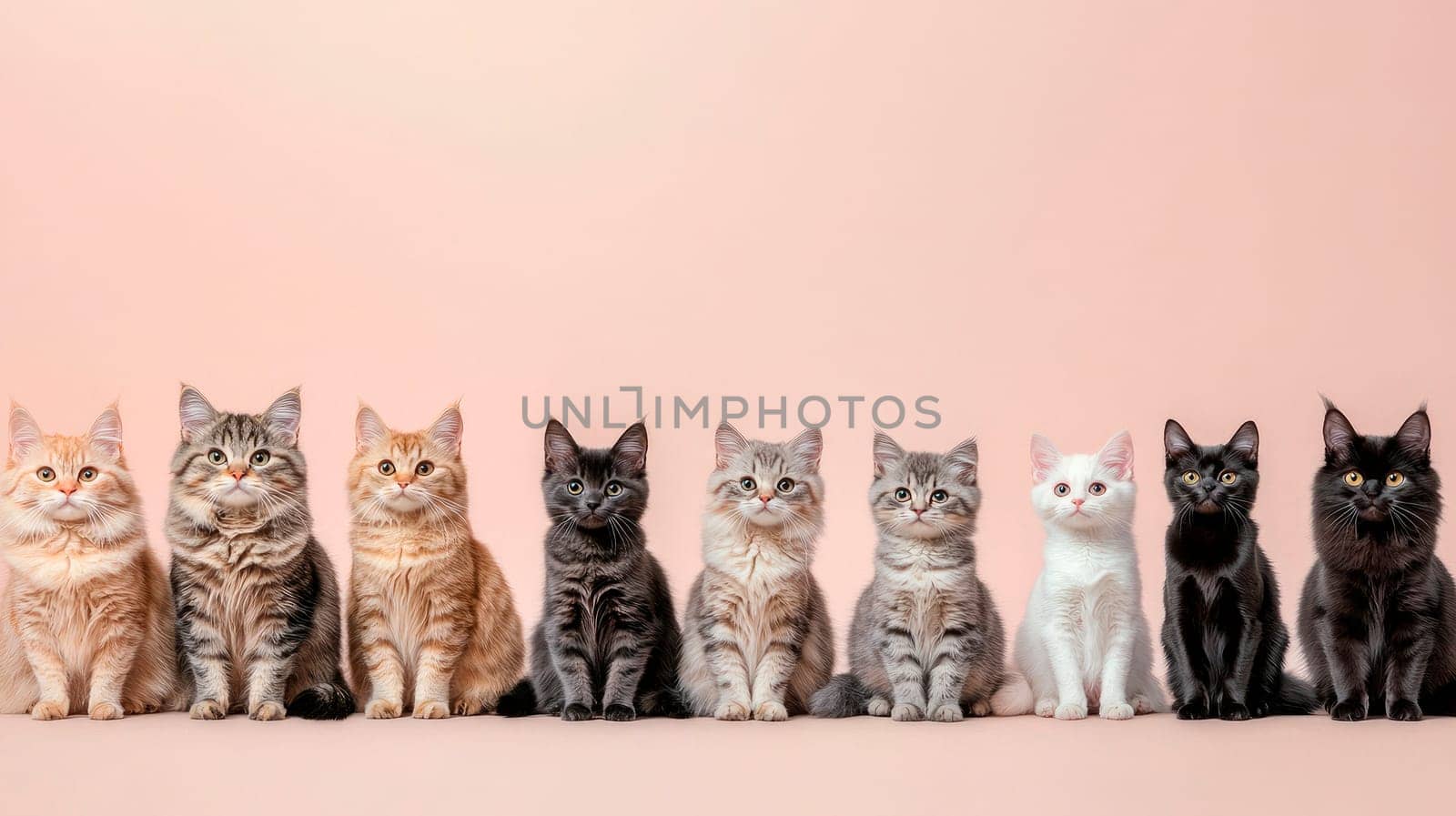 Large group of domestic cats sitting in a row. AI generated