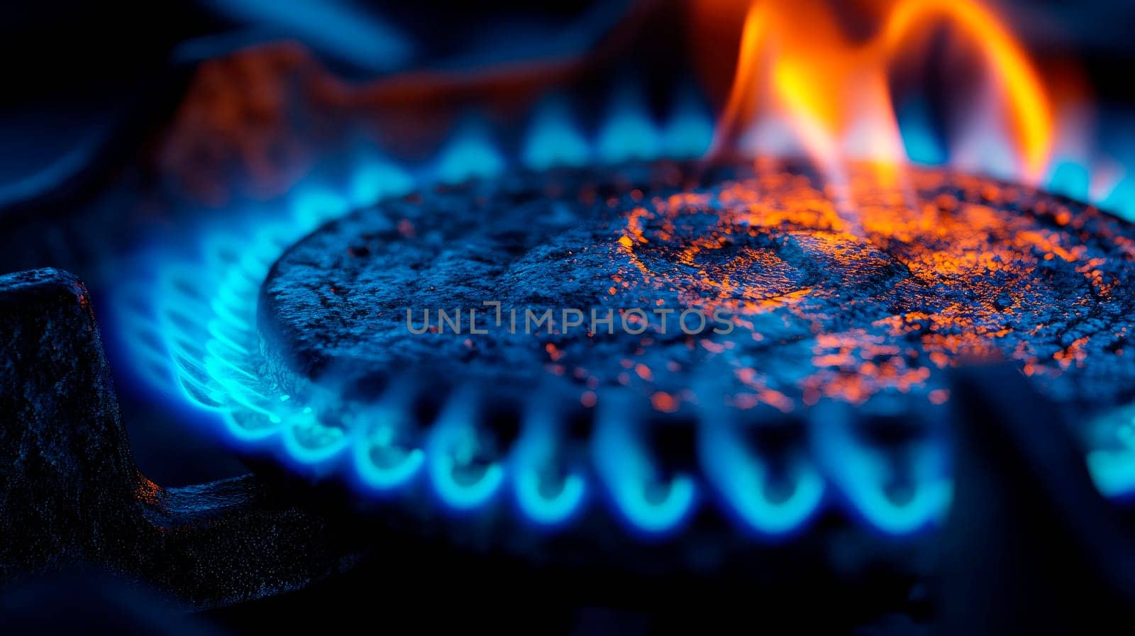 Close-up of a natural gas flame on a stove top. AI generated