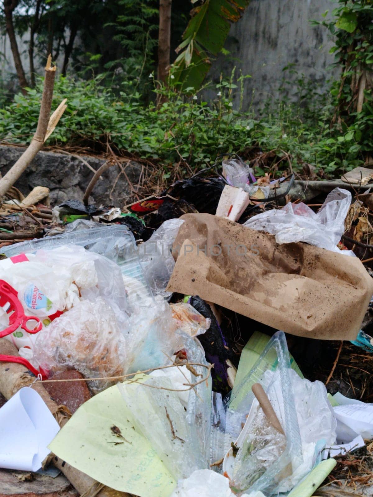 Image showcasing discarded waste, including plastics and paper, in a natural setting. Highlights the environmental impact and challenges of pollution. Emphasizes the need for proper waste management.
