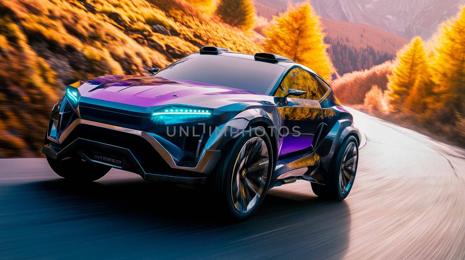 Futuristic vehicle driving down mountain road on autumn season. AI generated