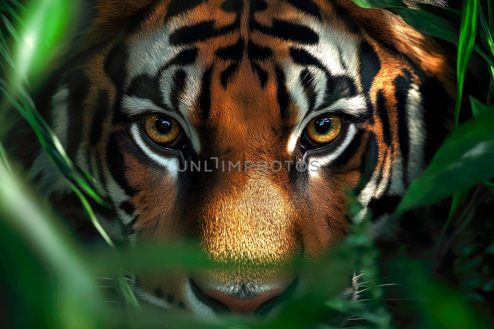 A tiger hidden in the shadow of a jungle bush, staring at its prey. AI generated