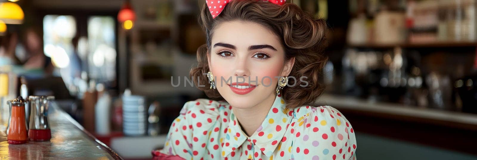 A beautiful woman sits at the counter of an American restaurant. Stylized from1940s - 1950s. AI generative.