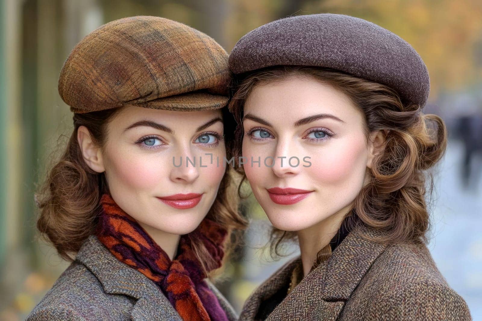 Photographs of women styled in the 1940s-50s taken on the streets of American cities. AI generative.
