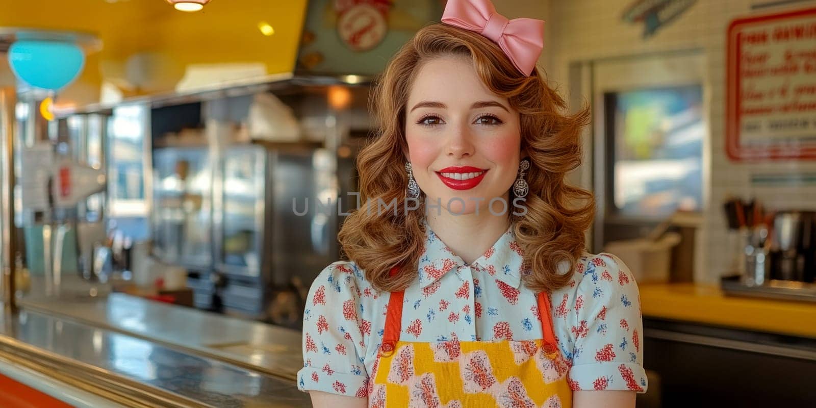A beautiful woman sits at the counter of an American restaurant. Stylized from1940s - 1950s. AI generative.