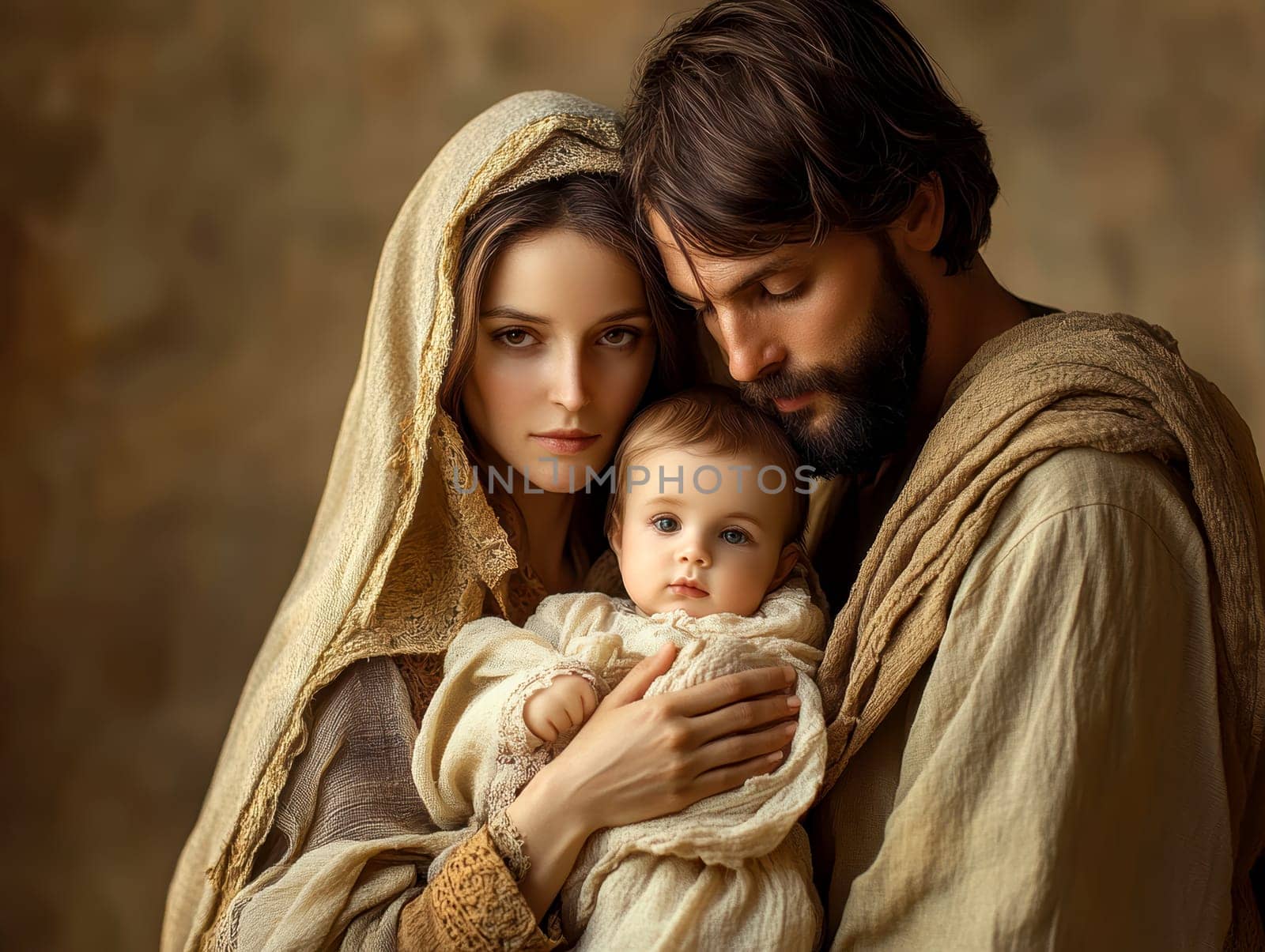 The painting depicts Mary, Joseph and the baby Jesus in a peaceful and holy scene, with Mary cradling Jesus in her arms and Joseph standing protectively by their side.AI generative.