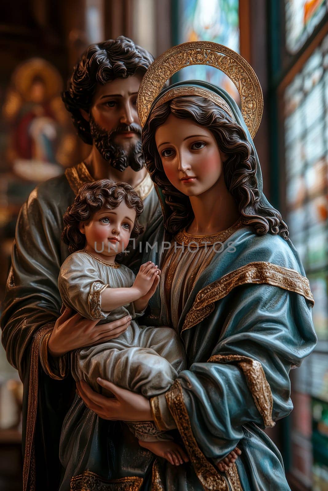 The painting depicts Mary, Joseph and the baby Jesus in a peaceful and holy scene, with Mary cradling Jesus in her arms and Joseph standing protectively by their side.AI generative.