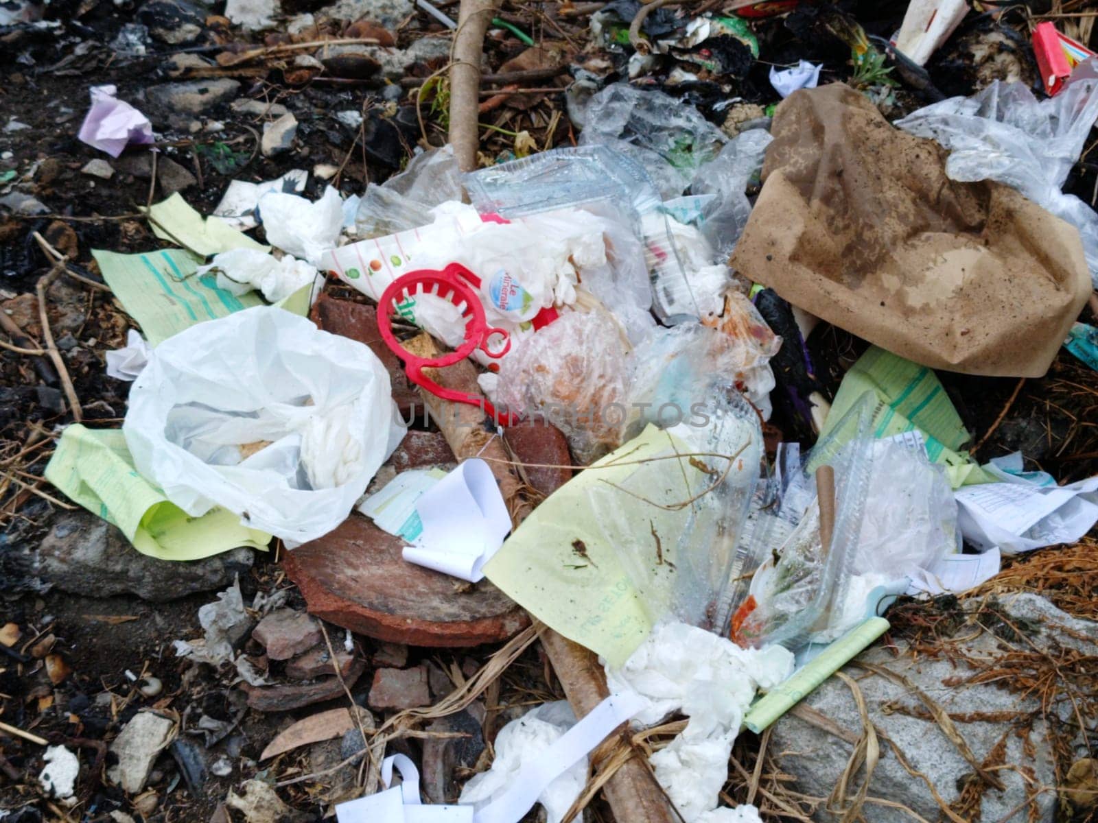 Image showcasing discarded waste, including plastics and paper, in a natural setting. Highlights the environmental impact and challenges of pollution. Emphasizes the need for proper waste management.