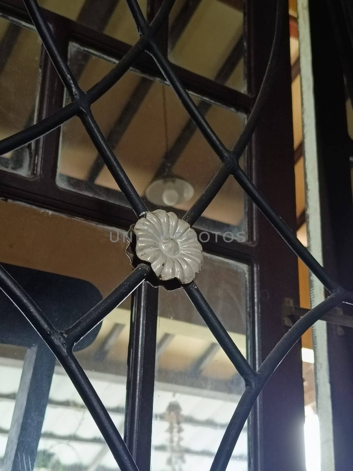 Close-up of a metal window grill featuring a decorative flower motif. The intricate design enhances the aesthetics while providing security. Ideal for architectural and ornamental design concepts.