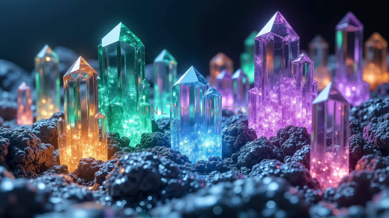 A collection of colorful crystals on a rocky surface. The colors are vibrant and the crystals are arranged in a way that creates a sense of depth and dimension. The scene evokes a feeling of wonder