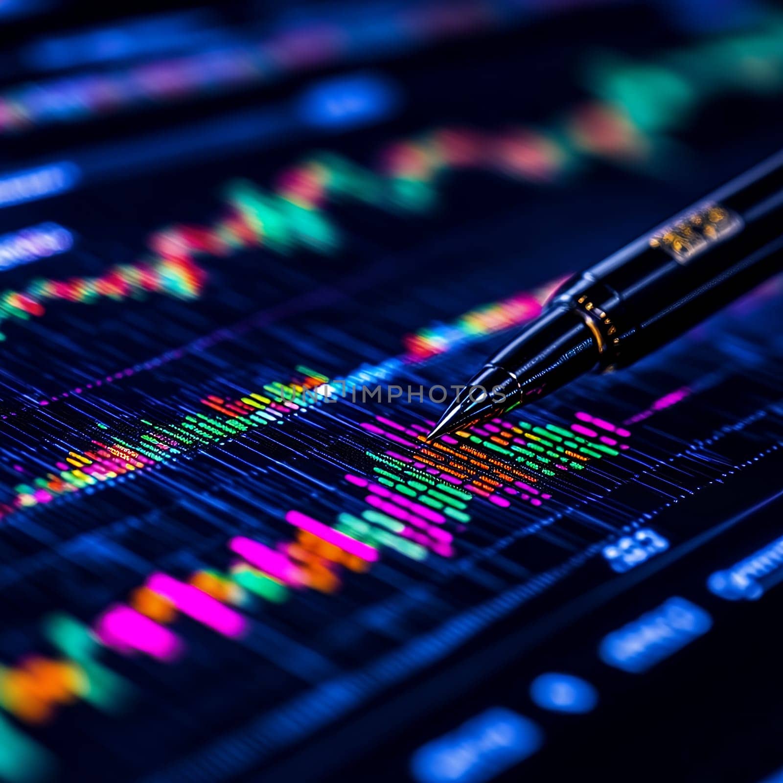 A pen points at a colorful stock market graph on a screen, representing finance and investment analysis.