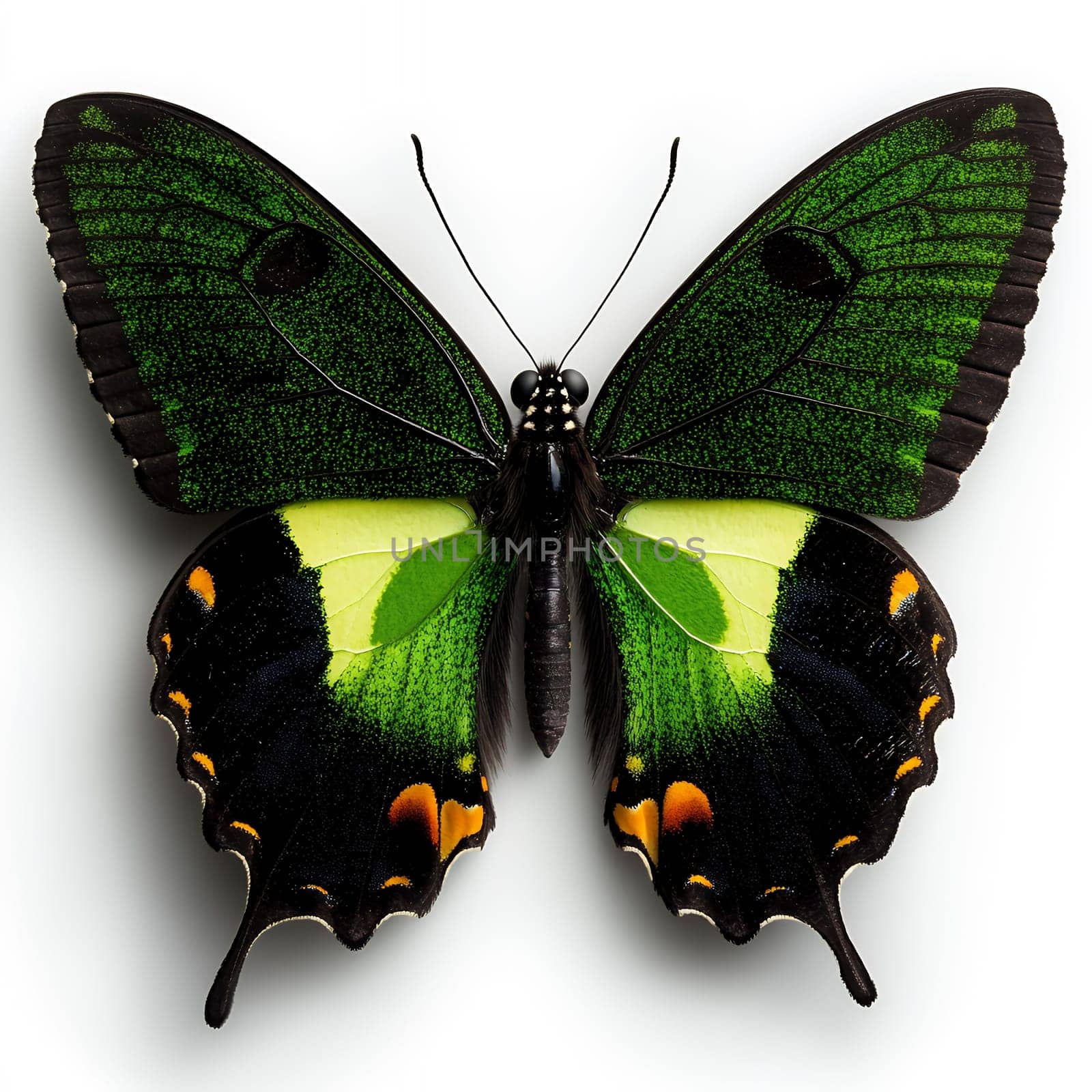 A vibrant green butterfly with striking patterns and colors, isolated on a clean white background.