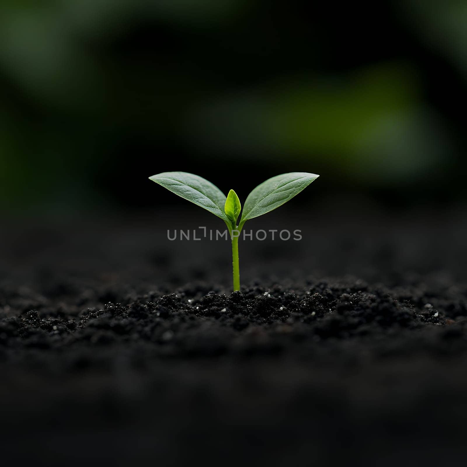 A young seedling emerges from dark soil, representing growth and potential in a natural setting.
