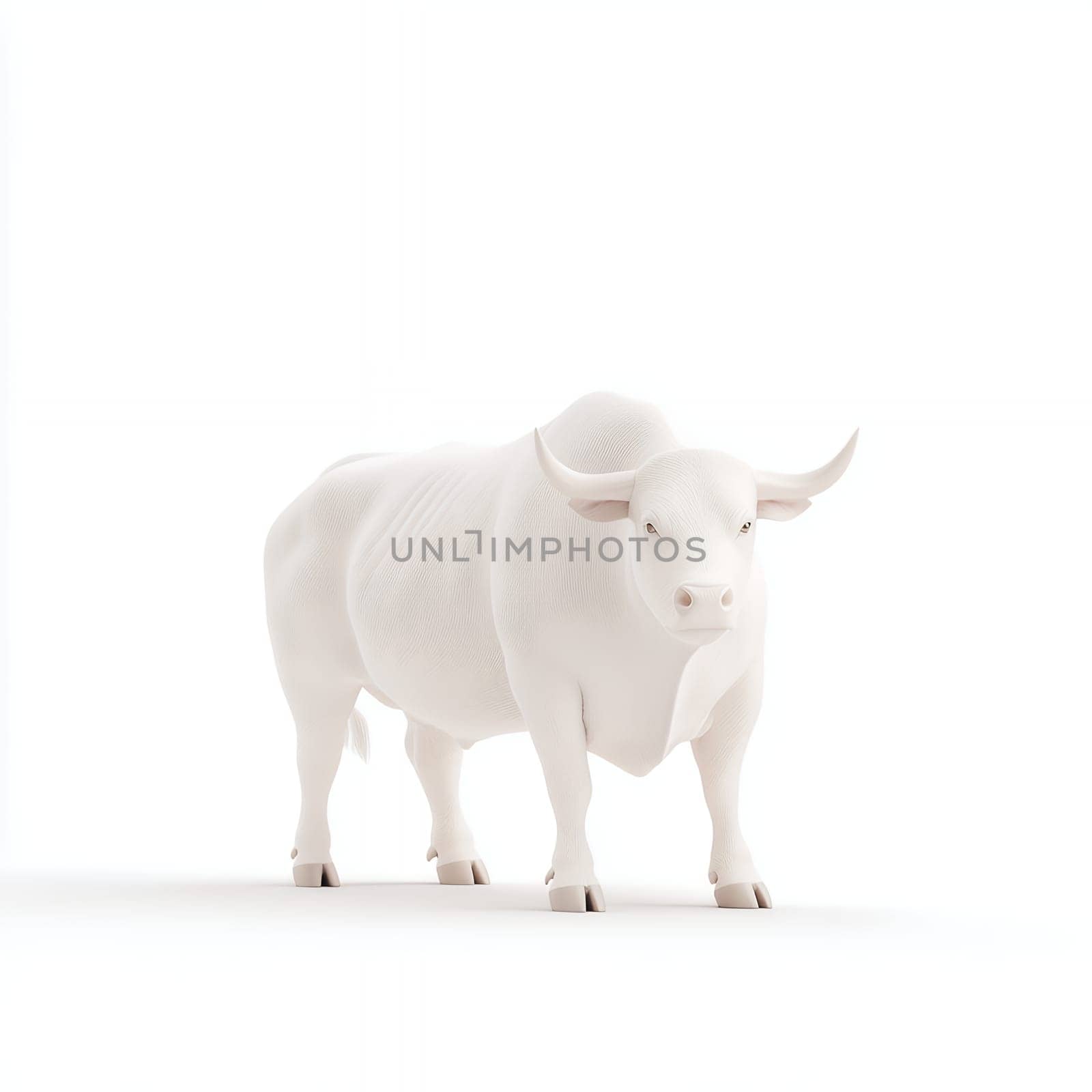 A minimalistic white bull sculpture stands against a plain background, offering copy space for text.