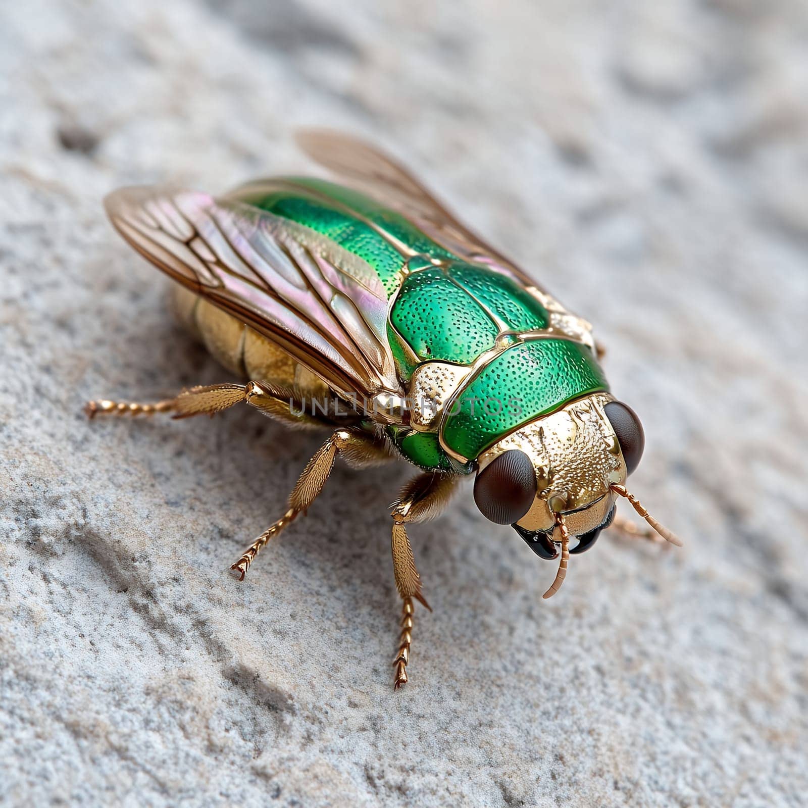 A jewel beetle with iridescent colors rests on a rock surface, highlighting its vivid details and natural habitat.